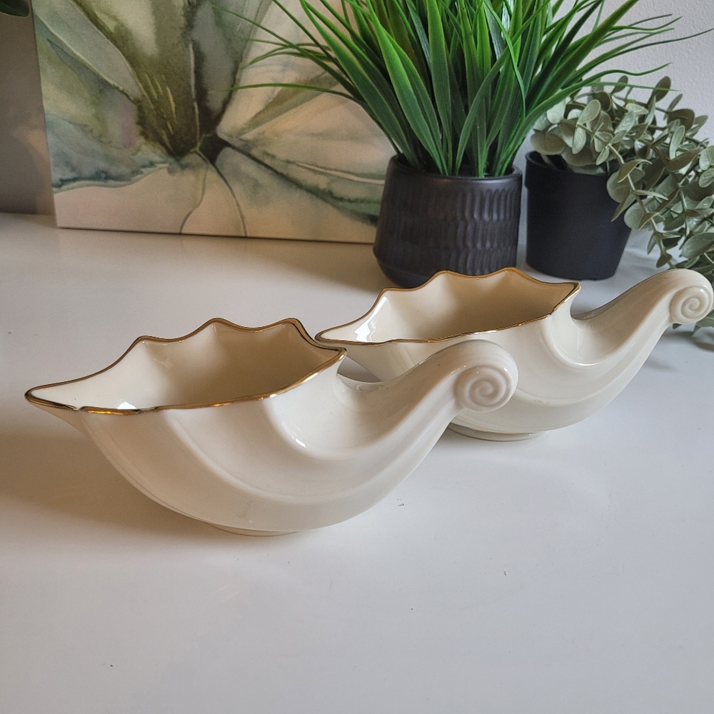 Set of 2 Lenox Cornucopia Candy Dishes Planters Plant Pots Gravy Boats Cream Gol